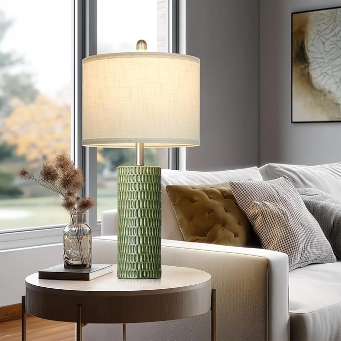 Modern Ceramic Table Lamps for Night Stands - Bedside Lamps Set of 2 for Nightstand, 27" Green Elegant Bedroom Lamp for Night Stand Desk Side End Table Home Decor(2 Bulbs Included)