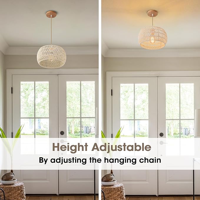 Rattan Pendant Light Fixture Drum Basket Chandelier Hanging Lights Cream White Boho Ceiling Lighting Flush Mount Ceiling Lights Woven Kitchen Chandeliers for Dinning Room Hallway Bedroom