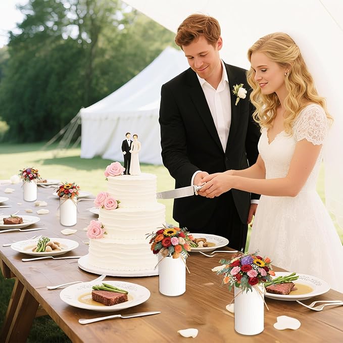 6" High Farmhouse Vases for Centerpiece, Rustic Mason Jars with Twine Bow for Flowers, Vintage Galvanized Metal Vase Tin Bucket for Wedding Home Decor (White, 6Pcs)