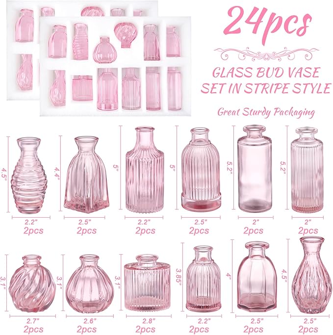 Pink Glass Bud Vases in Bulk 24, Pink Vase Small Vases for Flowers Modern Ribbed Glass Bud Vase for Decor Wedding Flower Vase Bulks Vintage Decor Bridal Shower Centerpieces Home Table Decoration