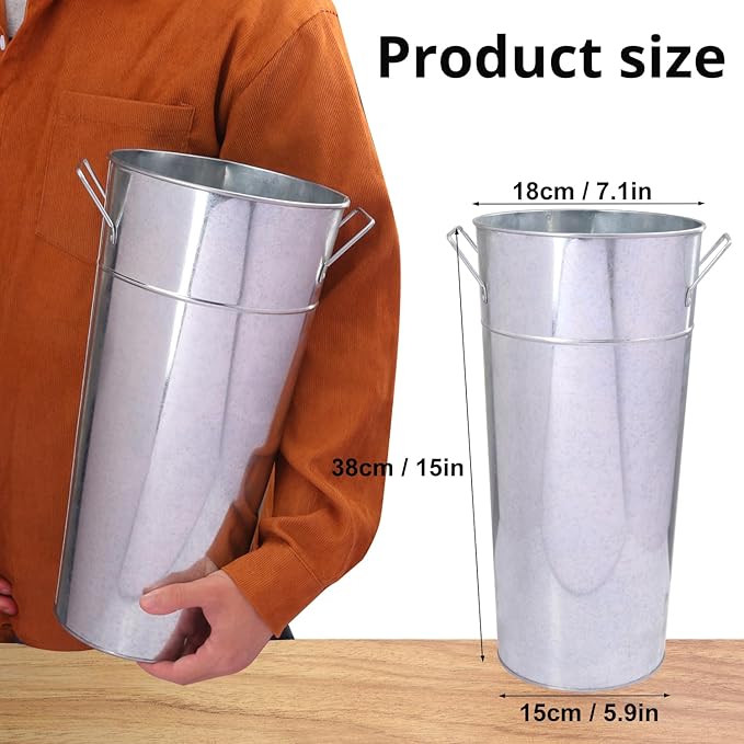 2 Pcs 15 Inch Tall Galvanized Metal Vase with Handles, French Flower Bucket Vases for Any Farmhouse, Modern, or Traditional Setting(Silver)