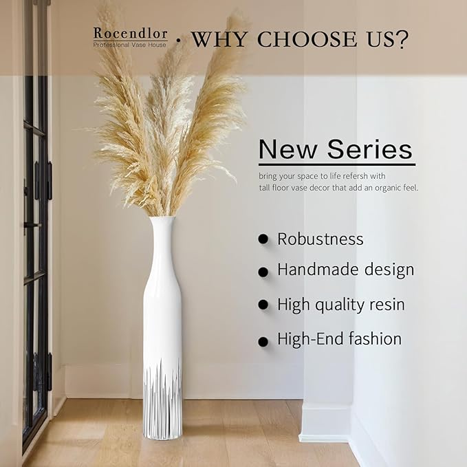 27.5 Inch White Floor Vase – Silver Geometric Tooth Pattern, Cylindrical Decorative Tall Vases for Modern Home, Wedding, Entryway – Resin Tall Floor Vase