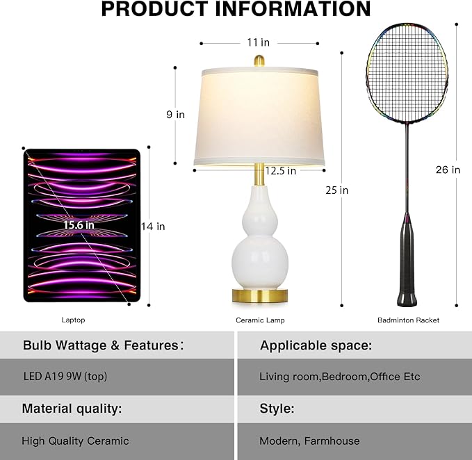 25" Ceramic Table Lamps Set of 2, Modern Double Gourd Ceramic Table Lamp for Living Room，White Rustic Farmhouse Bedside Nightstand Lamps with Fabric Shades for Bedroom Desk End Table Home Office Decor