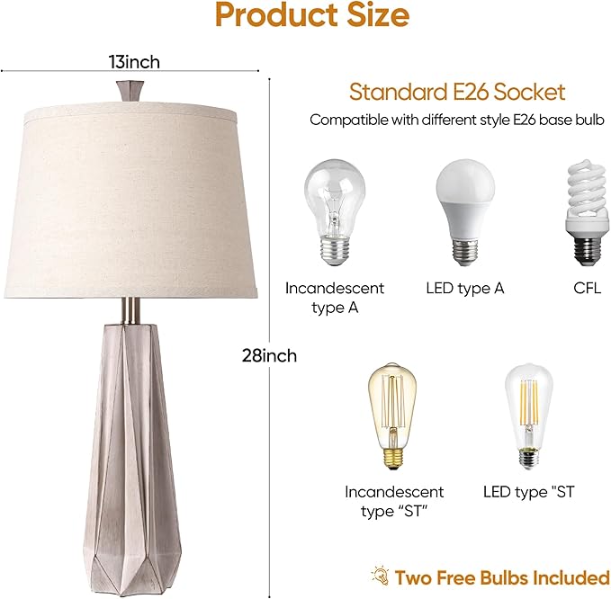 WIHTU 3 Color Temperature Table Lamps Set of 2, Beside Lamp with Linen Shade, 27'' Light Wood Color Modern Table Lamp for Living Room, Resin Desk Lamp for Nightstands Bedroom Decor (2 Bulbs Included)