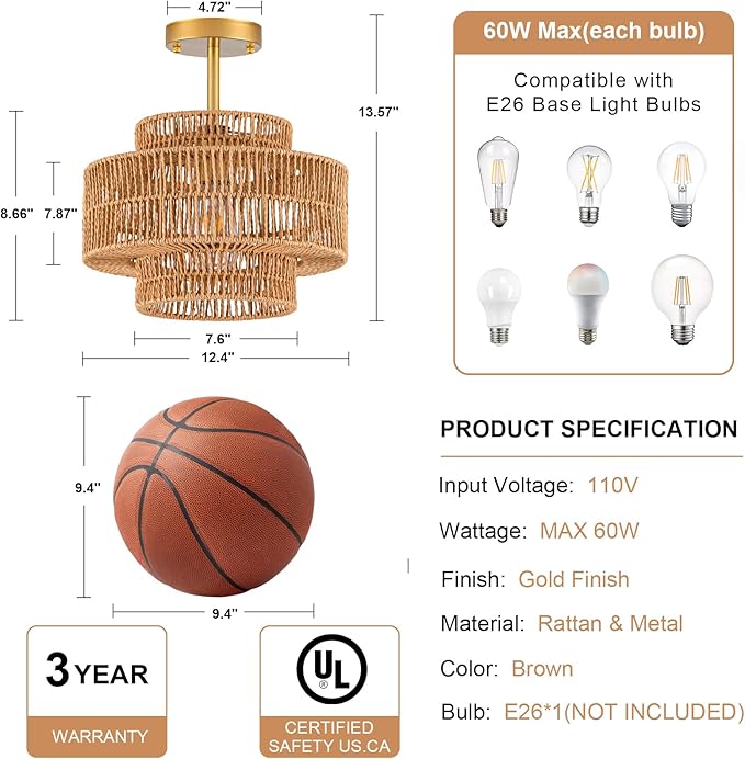 1-Light Rattan Ceiling Light Fixture, 12.4" Semi Flush Mount Boho Ceiling Light, Wicker Light Fixture with 3-Tier Hand-Woven Drum Shade, Farmhouse Rattan Chandelier for Dining Room Living Room Bedroom