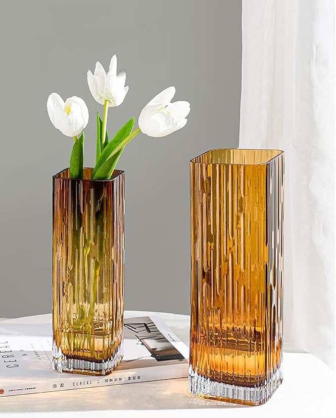 Modern Minimalist Glass Square vase, Crystal Glass vase, vase, Dry vase (Amber)