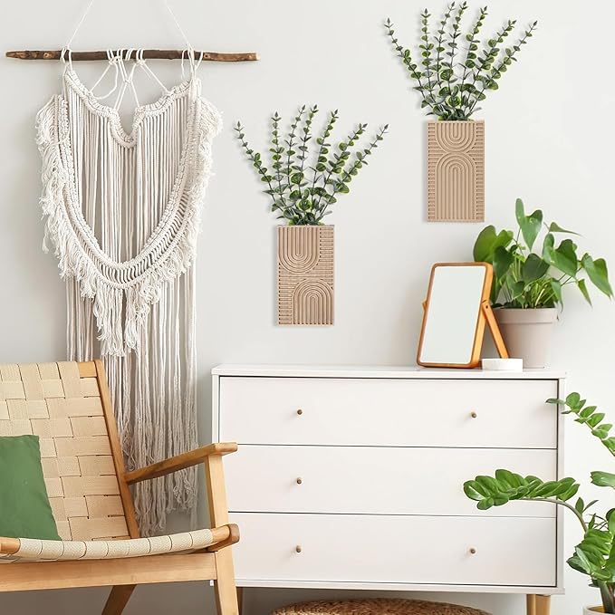 2 Pack Modern Farmhouse Wall Decor Wood Planter Vase with Artificial Eucalyptus Farmhouse Bohemian Hanging Wall Decor for Bathroom Dinning Room Living Room Hallway Bedroom(Brown)