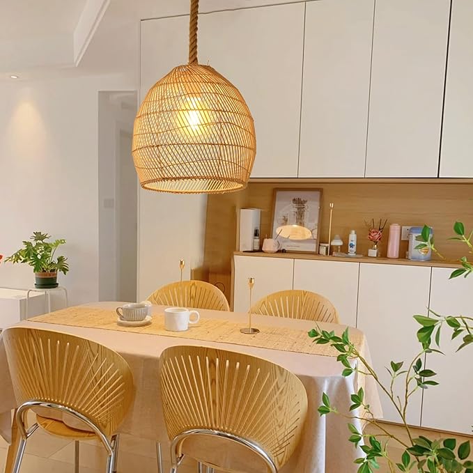 1 Light Rattan Pendant Light, Boho Coastal Wicker Chandelier, Hemp Rope 11.81''W Woven Hanging Lampshade Ceiling Lighting Fixture for Kitchen Island Bedroom Restaurants