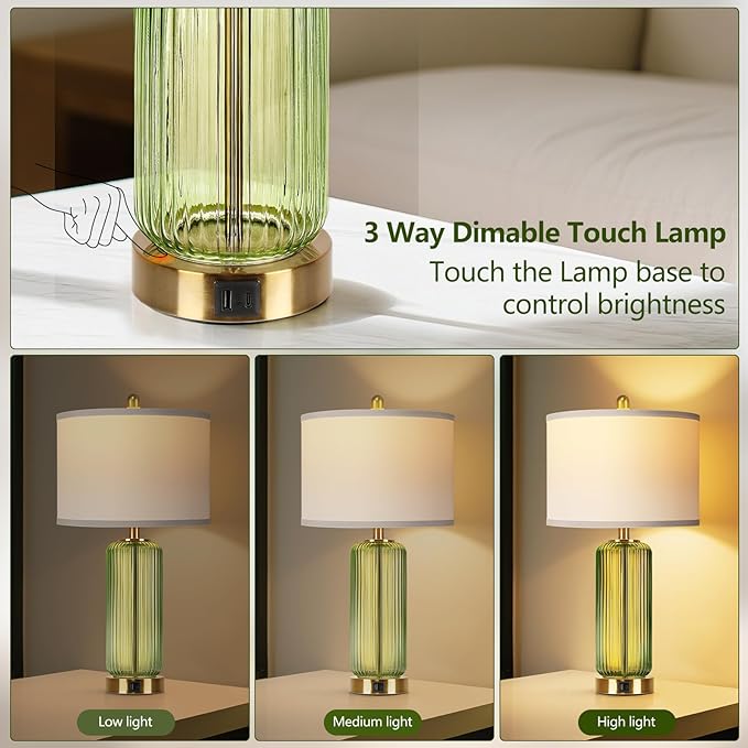 Table Lamps Set of 2 with Touch Control, 3-Way Dimmable Nightstand Lamp with Vertical Grained Glass, 27" Modern Glass Bedside Lamps with USB A+C Ports, Green Bedside Table Lamps, Desk Lamp for Bedroom