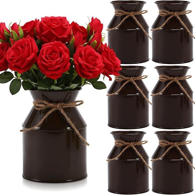 Domensi 5.12 Inch Farmhouse Metal Flower Vase Decor Rustic Galvanized Milk Can Jug Vase with Bow Flower Buckets for Table Centerpiece Fall Halloween Wedding Home Dinging Room Decor(Brown,6 Pcs)