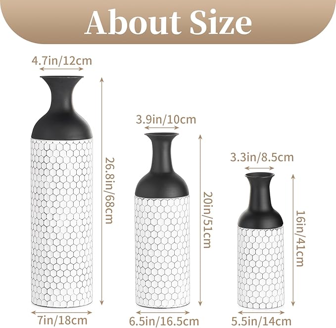 Sziqiqi Floor Vases Decorative Tall: 27in Black and White Large Metal Floor Vase Set of 3 Modern Honeycomb Texture Big Standing Vase for Living Room Dining Bedroom Home Corner Hallway Indoor Office