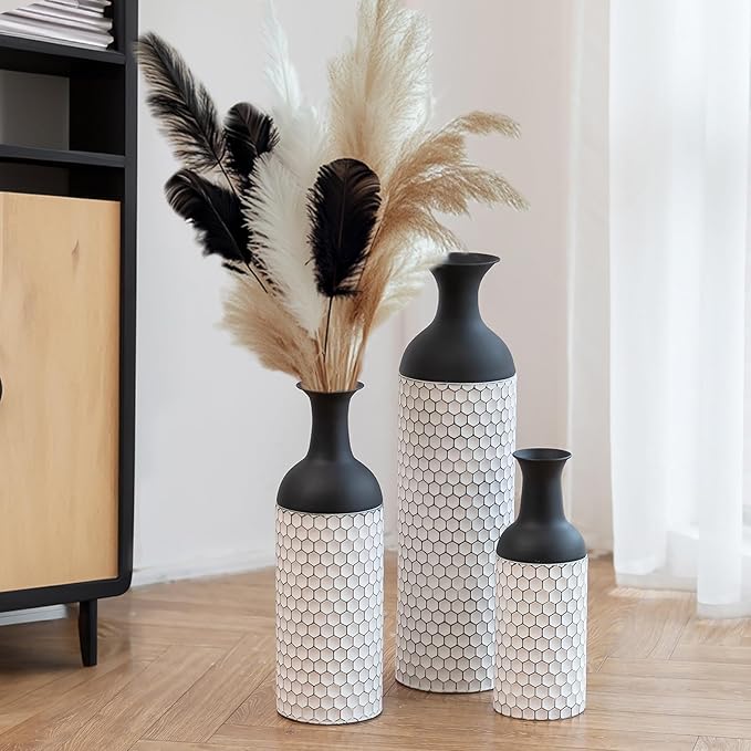Sziqiqi Floor Vases Decorative Tall: 27in Black and White Large Metal Floor Vase Set of 3 Modern Honeycomb Texture Big Standing Vase for Living Room Dining Bedroom Home Corner Hallway Indoor Office