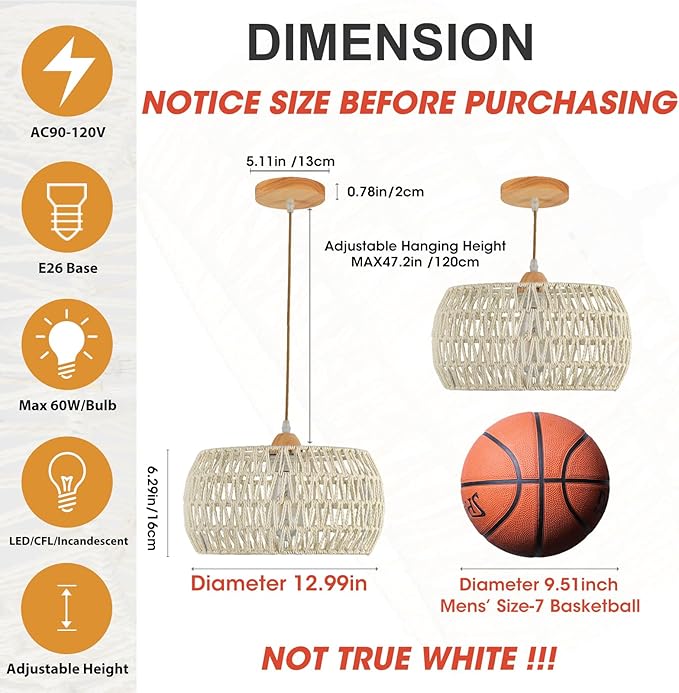 Rattan Pendant Light Fixture Drum Basket Chandelier Hanging Lights Cream White Boho Ceiling Lighting Flush Mount Ceiling Lights Woven Kitchen Chandeliers for Dinning Room Hallway Bedroom