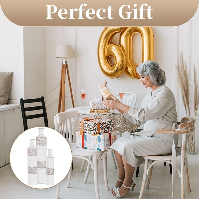 Sziqiqi Floor Vase Tall White Vases - Extra Large Metal Flower Vase Set of 3 Big Vases for Home Decor Living Room Decorative Vintage for Pampas Grass Feathers Twigs Branches Dried Flowers