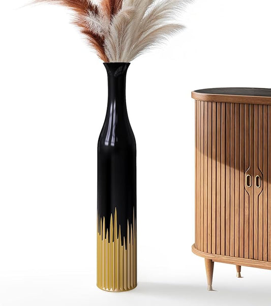 27.5 Inch Black Vase – Gold Tooth Design, Cylindrical Decorative Tall Floor Vase for Home Decor, Living Room, Entryway, Wedding – Resin Tall Vases