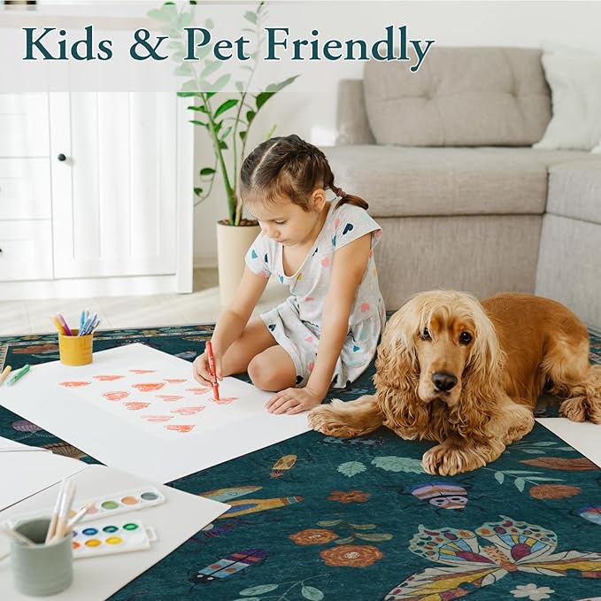 Lahome Insect Washable Round Area Rug, Soft Round Rugs 6ft Ultra-Thin Non-Slip, Boho Large Circle Carpet for Bedroom Living Room Kitchen Nursery, Dark Green