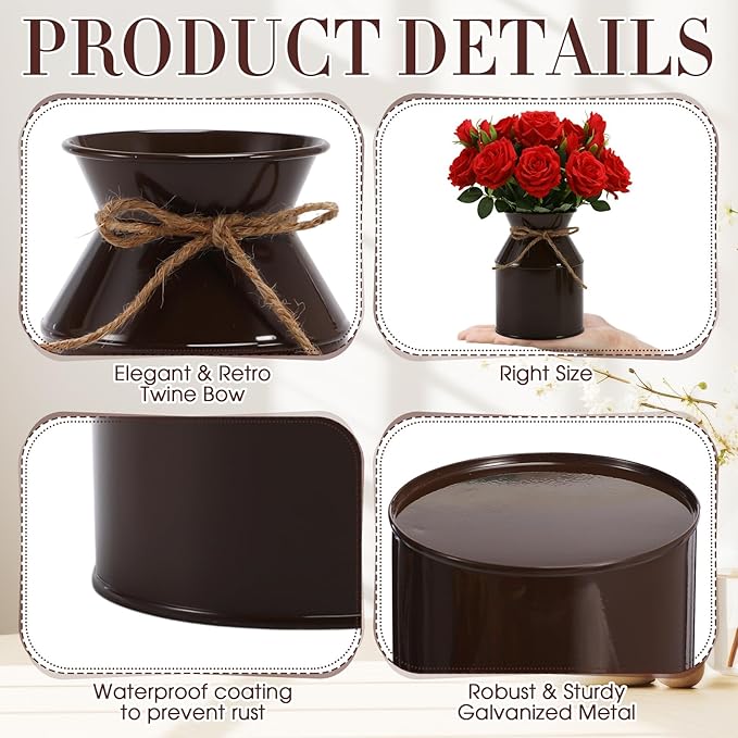 Domensi 5.12 Inch Farmhouse Metal Flower Vase Decor Rustic Galvanized Milk Can Jug Vase with Bow Flower Buckets for Table Centerpiece Fall Halloween Wedding Home Dinging Room Decor(Brown,12 Pcs)