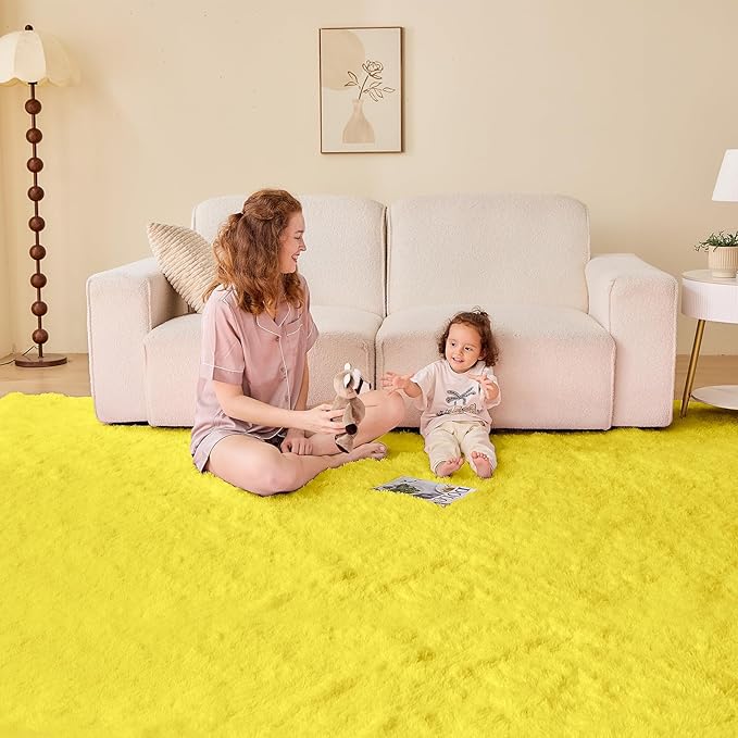 OPPODREAM 4ft Yellow Circle Rug for Bedroom, Ultra-Soft Round Rugs 4-ft for Living Room, Fluffy Carpet for Nursery, Kids, Girl, Boy, Baby, Plush, Fuzzy, Shag, Shaggy, Cute Home Decor