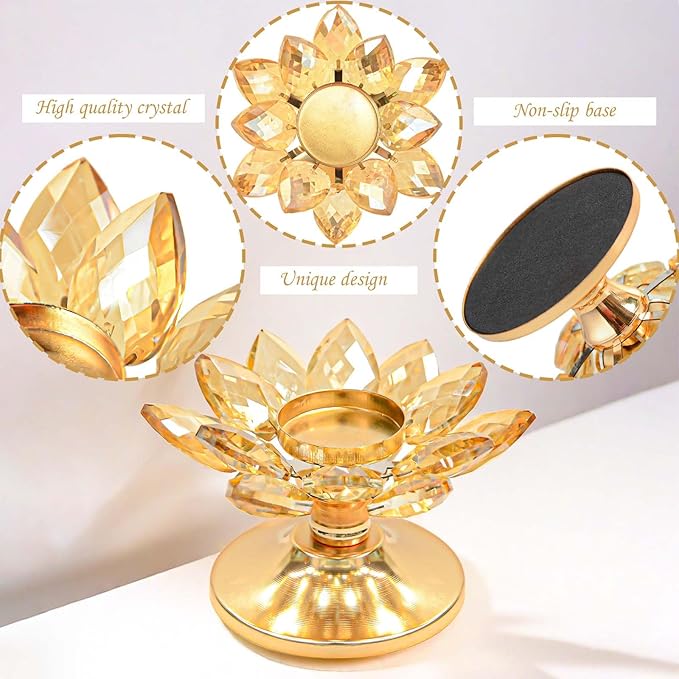 1 PC Gold Crystal Flower Tea Light Holder, Glass Tealight Candlestick with Metal Base, Votive Candle for Table Centerpiece, Wedding/Parties Decor, Nice Gift