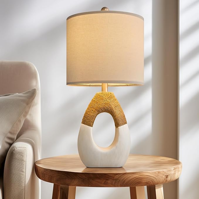 OYEARS Boho Table Lamps Bedroom Living Room Set 2 Small Farmhouse Rattan Table Lamp 19”Rustic Home Decoration Nightstand Bedside Lamp for Office Compatible with Smart Light Bulbs(Not Include Bulbs)