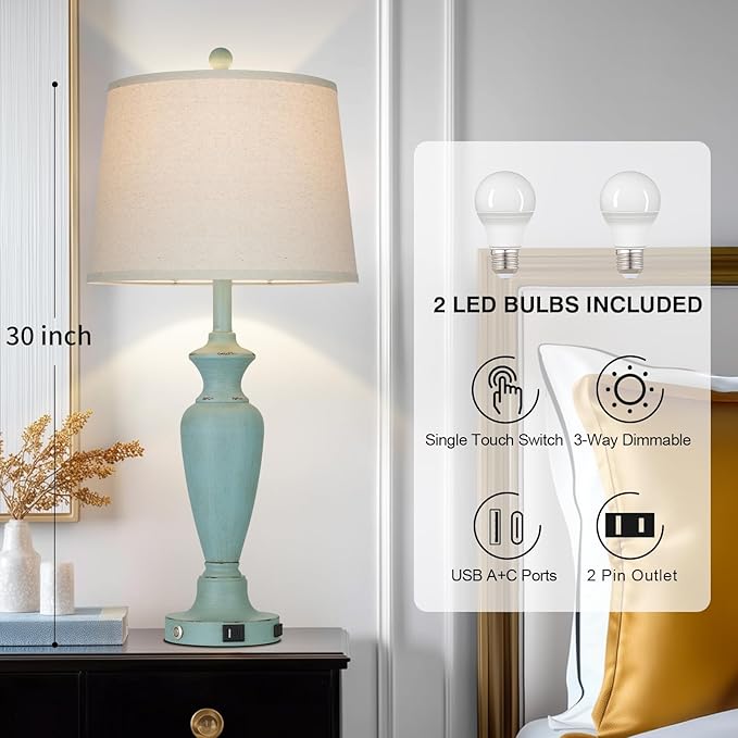 30" Tall Metal Table Lamps Set of 2, Touch Control Bedside Lamps for Bedroom Nightstand, 3-Way Dimmable Farmhouse Lamp for Living Room with Charging Ports, Retro Blue (2 LED Bulbs Included)