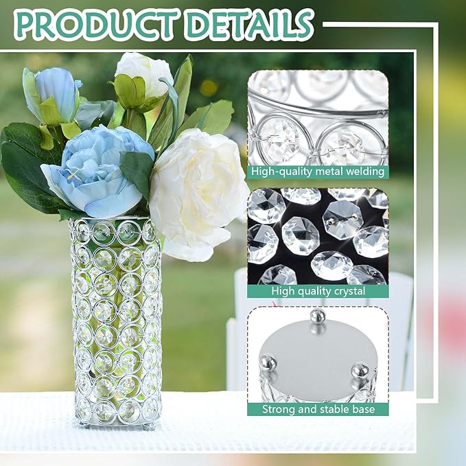 8 Pcs Crystal Metal Vase Centerpiece, 7.9" Cylinder Flower Vase and Hollow-Out Candle Holder for Wedding, Party, Home Table Decor (8, Silver)