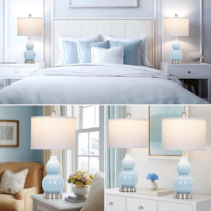 22" Double Gourd Ceramic Table Lamps Set of 2, Blue Modern Bedside Lamps for Living Room, Contemporary Nightstand Desk Lamps for Bedroom End Table Home Office Study Room Decor(2 LED Bulbs Included)