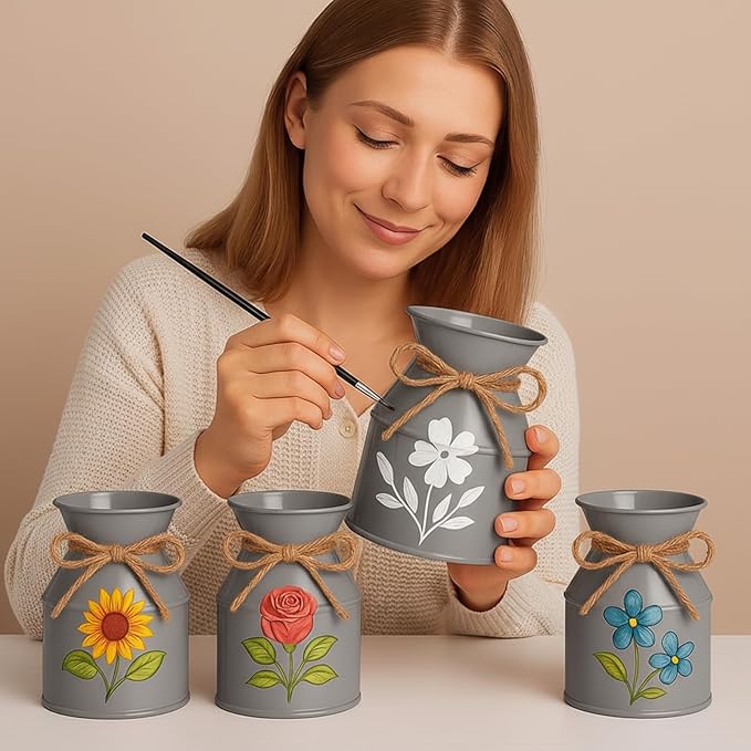 Domensi 5.12 Inch Farmhouse Metal Flower Vase Decor Rustic Galvanized Milk Can Jug Vase with Bow Flower Buckets for Table Centerpiece Fall Halloween Wedding Home Dinging Room Decor(Gray,6 Pcs)