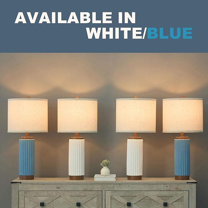 White Ceramic Table Lamps Set of 2, 25 Inch Modern Farmhouse Lamp with Oatmeal Shade for Living Room, Bedroom & Nightstand, 3-Way Dimmable White Desk Lamps