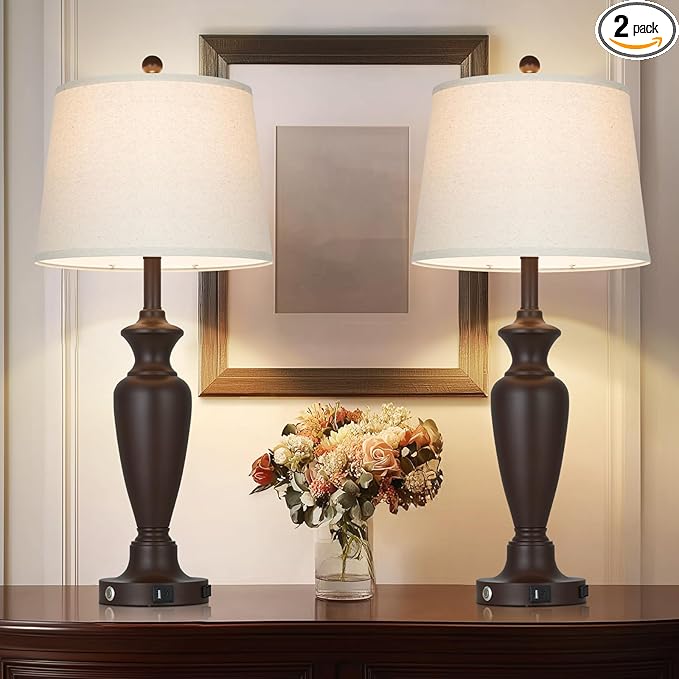 30" Tall Metal Table Lamps Set of 2, Touch Control Bedside Lamps for Bedroom Nightstand, 3-Way Dimmable Farmhouse Lamp for Living Room with Charging Ports, Brown (2 LED Bulbs Included)