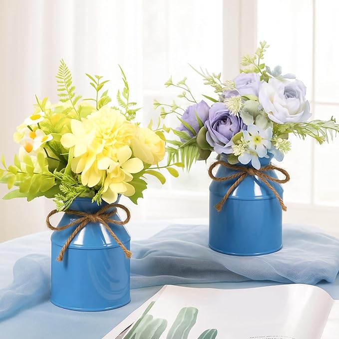 Domensi 5.12 Inch Farmhouse Metal Flower Vase Decor Rustic Galvanized Milk Can Jug Vase with Bow Flower Buckets for Table Centerpiece Fall Halloween Wedding Home Dinging Room Decor(Blue,6 Pcs)