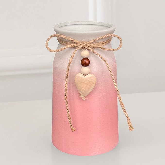 Decorative Ceramic Vase | 6-Inch with Jute Rope & Heart Charm | Perfect for Home, Office & Wedding Décor, Pink Color