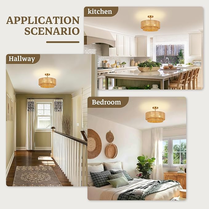 16'' Semi Flush Mount Ceiling Light,Boho Light Fixtures,3-Light Coastal Hemp Rope Ceiling Light Flush Mount with 2-Tier Drum Shade,Farmhouse Rattan Ceiling Lights for Bedroom, Kitchen,Living Room