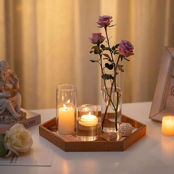 Glass Cylinder Vases Set of 6, Hewory Tall Clear Vase for Centerpieces, Glass Hurricane Candle Holders for Pillar Floating Candles, Round Vases for Wedding Events Table Decor, 2.6” in Diameter