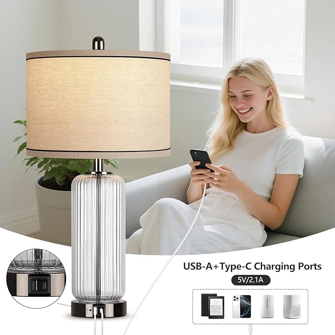 WIHTU Table Lamps Set of 2 with Vertical Grained Glass, 3-Way Dimmable Nightstand Lamp with Touch Control, 27" Modern Glass Bedside Lamps with USB A+C Ports, Glossy Black Desk Lamp for Bedroom