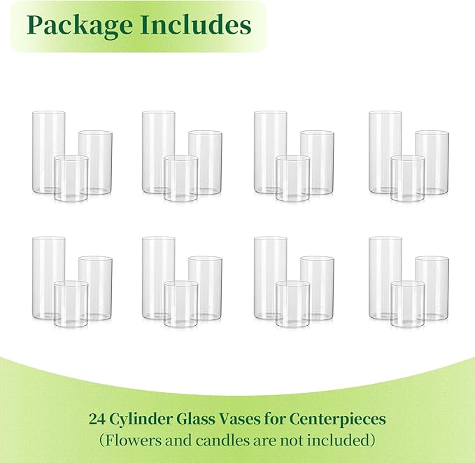 Glass Cylinder Vases Set of 24, Hewory Tall Clear Vase for Centerpieces, Glass Hurricane Candle Holders for Pillar or Floating Candles, Round Vases for Wedding Anniversary Events Table Decor, 3.3in