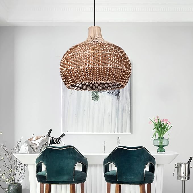 Arturesthome 19.68" Wicker Chandelier Coffee,Boho Basket Rattan Pendant Lighting Fixtures,Large Natural Woven Hanging Ceiling Lights Lamp Shade for Kitchen Island