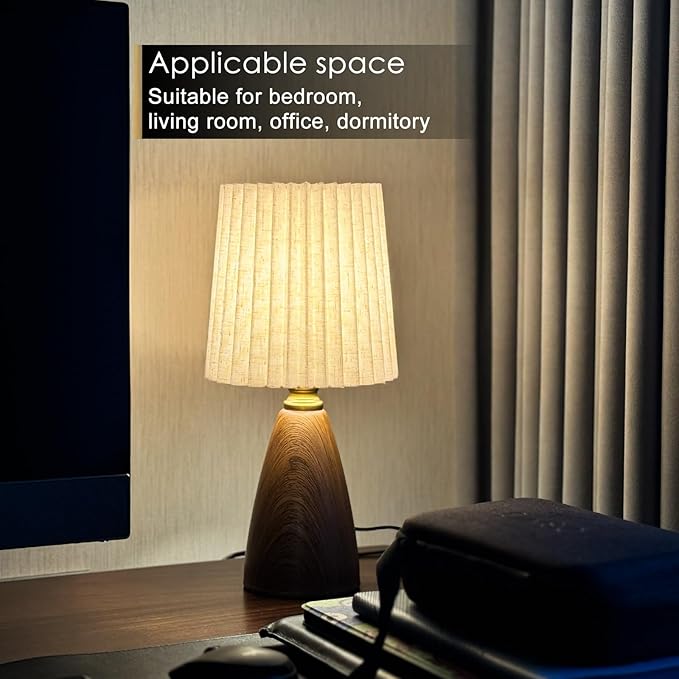 Small Pleated Table Lamp Set of 2 for Bedroom, Mini Bedside Lamps for Nightstand with Round Fabric Linen Shade, Dimmable Desk Lamp, Cute Table Lamps for Small Spaces for Living Room, Kids Room