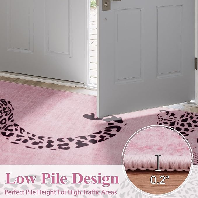 OJIA Leopard Print 5x7 Area Rugs for Living Room, Soft Washable Rugs for Bedroom Ultra-Thin Non-Slip Moden Pink Rug, Stain Resistant Nursery Rug Carpet for Kids Playroom Classroom Dining Room