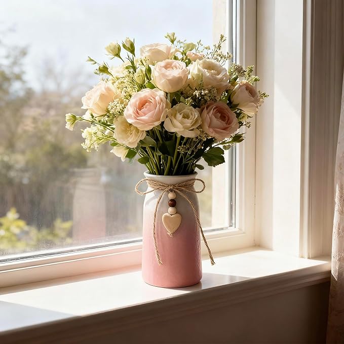Decorative Ceramic Vase | 6-Inch with Jute Rope & Heart Charm | Perfect for Home, Office & Wedding Décor, Pink Color