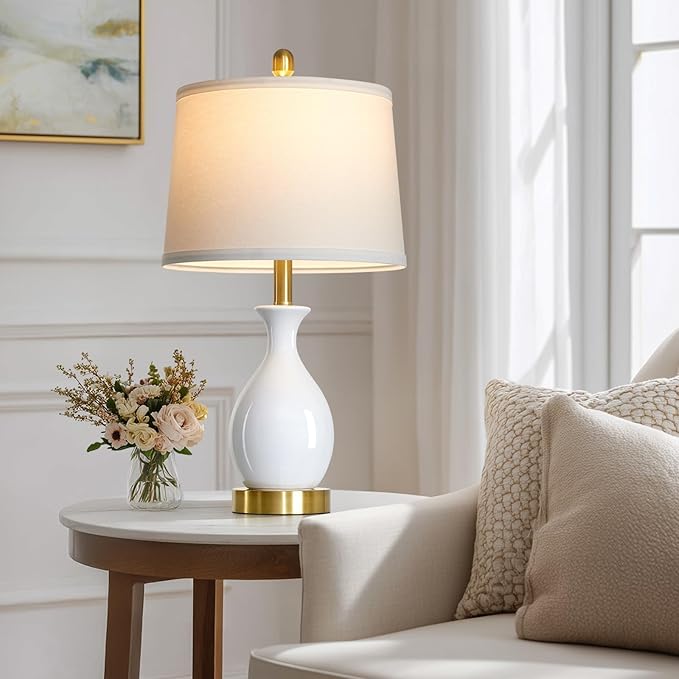 24" White Ceramic Table Lamps Set of 2 for Bedroom, Modern Classic Bedside Lamps for Nightstand, Small Table Lamp for Living Room Side Table (2 LED Bulbs Included)