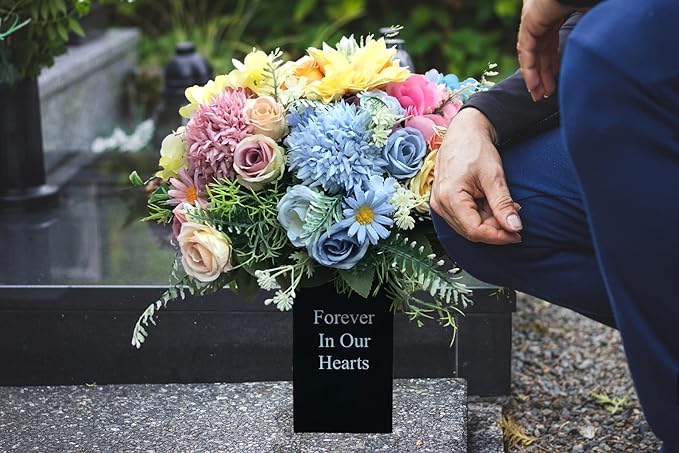 Metal Grave Vase Flower Holder in Ground Cemetery Vase Grave Decorations with Spikes and Floral Foam (Square) Black