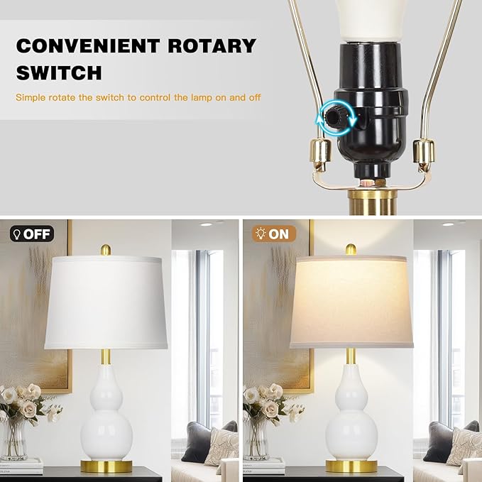 25" Ceramic Table Lamps Set of 2, Modern Double Gourd Ceramic Table Lamp for Living Room，White Rustic Farmhouse Bedside Nightstand Lamps with Fabric Shades for Bedroom Desk End Table Home Office Decor