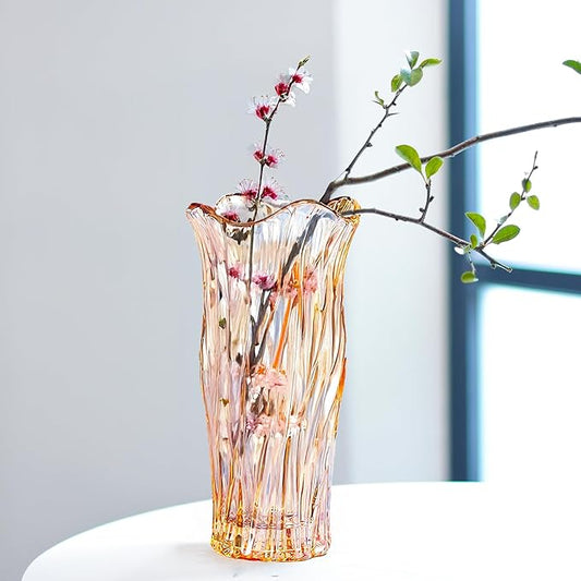 Glass Vase for Flowers, Gold Amber Clear Glass Vases for Centerpieces, Crystal Vase for Home Table Flower Decor 9.1 inches Tall