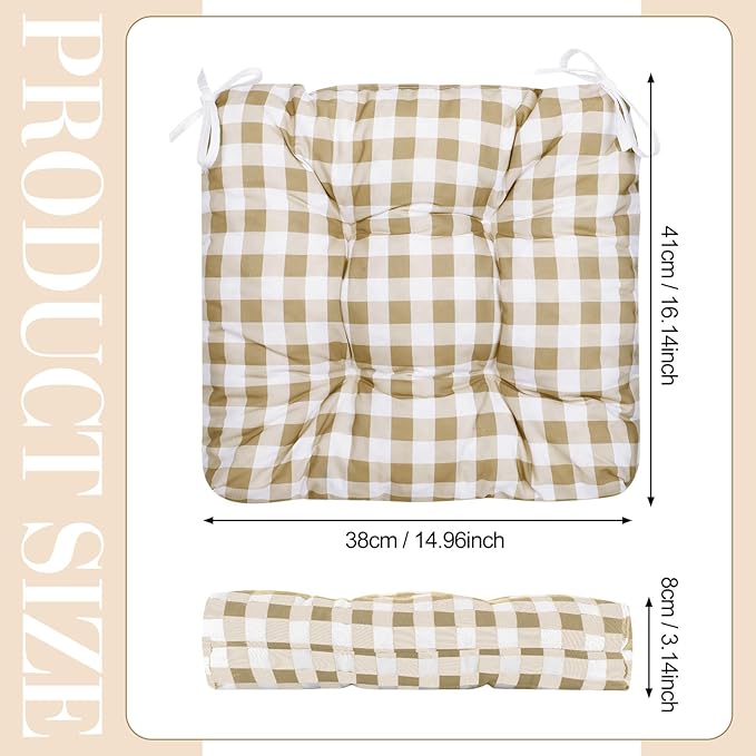 Geetery 4 Pack Chair Cushions for Dining Chair Kitchen Seat Pads with Ties Buffalo Plaid Soft Comfy Square Seat Pads for Home, Outdoor, Patio, Room (Khaki,White)