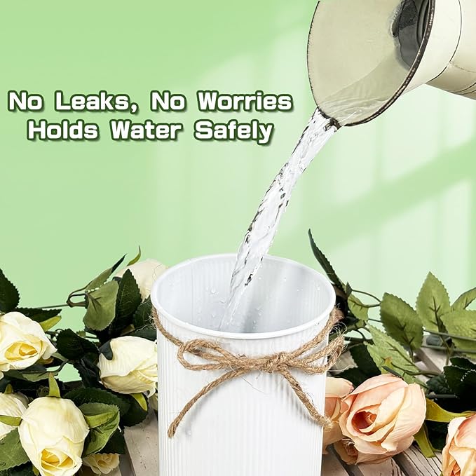 6" High Farmhouse Vases for Centerpiece, Rustic Mason Jars with Twine Bow for Flowers, Vintage Galvanized Metal Vase Tin Bucket for Wedding Home Decor (White, 6Pcs)