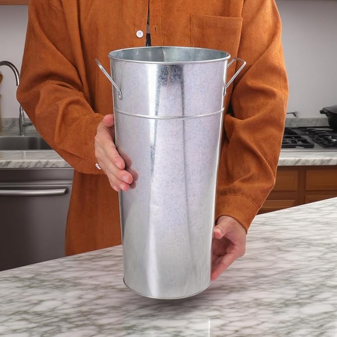 2 Pcs 15 Inch Tall Galvanized Metal Vase with Handles, French Flower Bucket Vases for Any Farmhouse, Modern, or Traditional Setting(Silver)