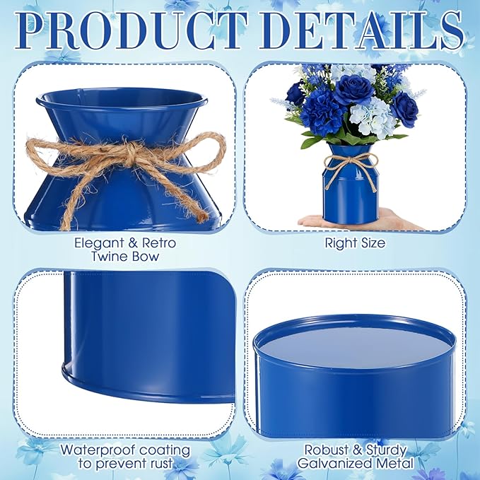 Domensi 5.12 Inch Farmhouse Metal Flower Vase Decor Rustic Galvanized Milk Can Jug Vase with Bow Flower Buckets for Table Centerpiece Fall Halloween Wedding Home Dinging Room Decor(Dark Blue,6 Pcs)