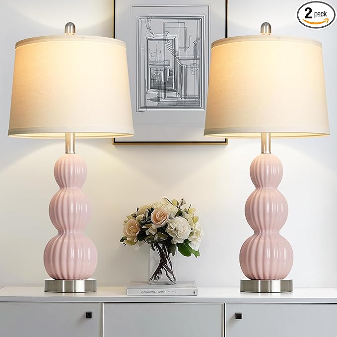 28" Pink Ceramic Table Lamps Set of 2, Modern Bedside Lamps for Night Stands, Triple Gourd Table Lamp for Living Room End Table or Bedroom Nightstand (2 LED Bulbs Included)