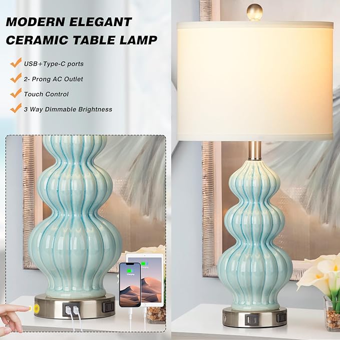Ceramic Table Lamps Set of 2, Green Modern Bedside 26" Nightstand Lamp 3-Way Dimmable Lamp for Bedroom Living Room Contemporary, Side Table Lamp, Bulbs Included